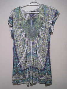 Apt. 9 Womens Large Top Green Purple Cap Sleeve Scoop-V-Neck Pleated Bling Shirt - Picture 1 of 7