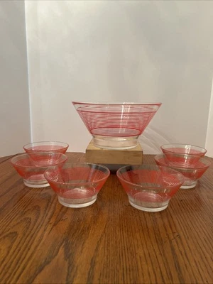 Juego de cuencos de vidrio MCM de colección de 7 piezas Verona Francia con rayas rojas “estilo Memphis” LEER Foto 1 de 4