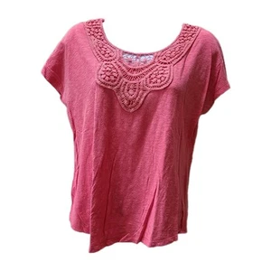 Sonoma Womens Petite S Top Pullover Short Sleeve Orange Crocheted Trim - Picture 1 of 10
