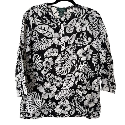 Top túnica de algodón tropical floral blanco negro Lauren Ralph Lauren M Boho Resort Foto 1 de 4