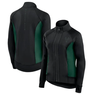 Chaqueta de Pista Para Mujer Fanatics Negra Milwaukee Bucks Studio Ajustada Cremallera Completa Gimnasio Foto 1 de 3