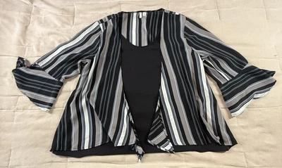 Cato Womens Pullover Flared Sleeves Black Gray Stripes Blouse Size XL - Image 1 of 4
