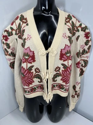 Suéter Farm Rio Mujer Marfil/Rosa Talla S Ravenala Tejido Cárdigan Floral Top Foto 1 de 4