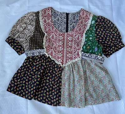 Vtg 1975 Boho Sm Blouse Pieced Quilt Patchwork Empire Waist Tie Back Eyelet yoke - Image 1 of 4