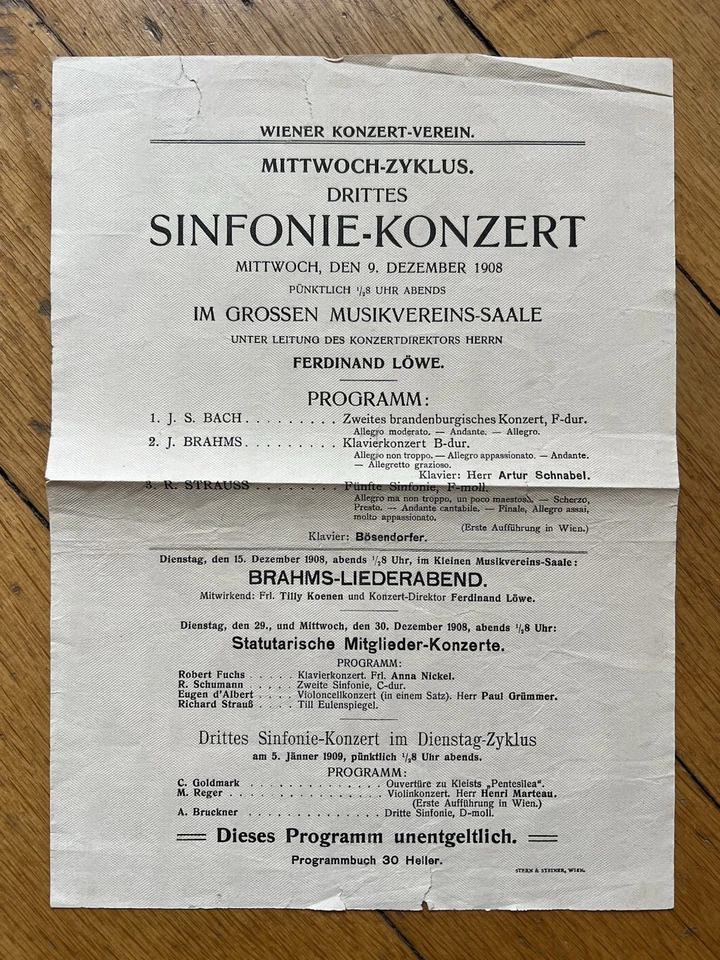 1908 ARTUR SCHNABEL spielt Brahms Wien FERDINAND LÖWE - Bild 1 von 1