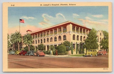Phoenix AZ St Joseph's Hospital Exterior View Old Cars Postcard - Image 1 of 2