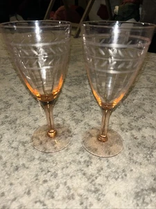 2 Pink Depression Glass, Wine Glasses Etched, Panel 7" - Picture 1 of 7