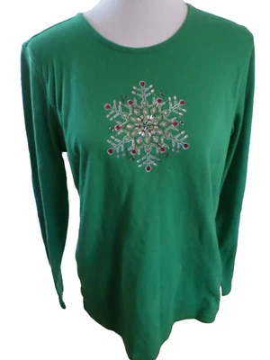 Ladies Size Large Mercer Street Studio Embellished SNOWFLAKE on Green L/S Shirt - Image 1 of 3