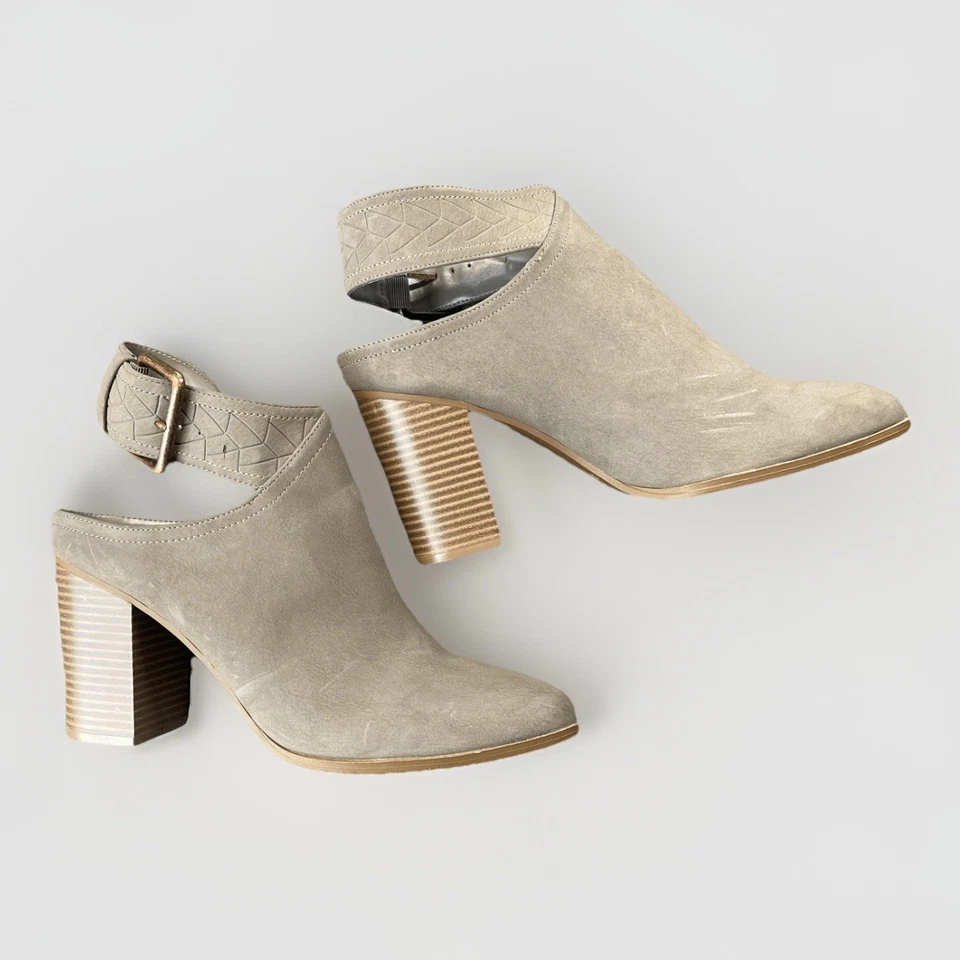 American Eagle Block Heel Mules Womens 9.5 Taupe Suede Cutout Ankle Strap Boho - Image 1 of 4