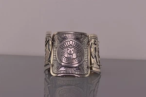 IMP Sterlingsilber 49 mm geschnitzt Maya Azteken Statement Armband 85 g Mex 925 6 Zoll - Bild 1 von 5