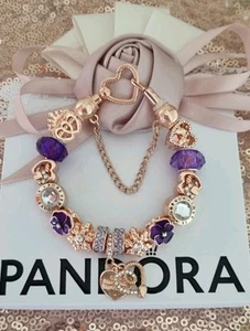Genuine Rose Gold Pandora Bracelet Clip Heart + Rose Gold Charms 19 cm + Box - Picture 1 of 16