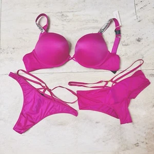 Victoria's Secret Bombshell + 2 tazas de encaje sujetador push up conjunto brillo rosa caliente 1FRN supe - Imagen 1 de 26