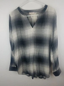Loft Outlet Womens Tunic Top SZM Black White Plaid Long Sleeves Split Neck A16 - Picture 1 of 4