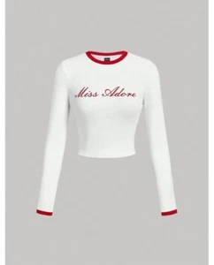 SHEIN MOD Women's Casual White & Red Letter Slogan Fitted T-Shirt - Size Small - Imagen 1 de 6