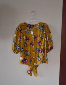 RD & KOKO Plus Gold Floral Print Linen Boho Button Down Front Tie Shirt Size 1X - Picture 1 of 4