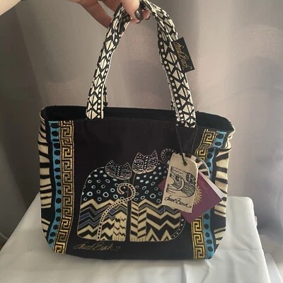 Laurel Burch Black Tan Blue Double Handle Zippered Small Cat Tote Hand Bag NWT - Image 1 of 4