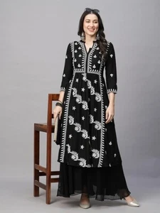 Women Black Lucknawi Chikankari Ethnic Kurta, Designer embroidered Flared Top - Picture 1 of 7