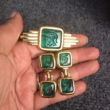 Rare vtg. Monet intaglio glass Roman warrior  gold tone pin  clip  earrings set