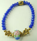 Stretch Bracelet with Flower Lampwork  Blue Crystal Handmade