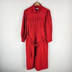 Trenery Shirt Dress Womens Size 10 Red Button Up Long Sleeve Tie Belt Pockets - Picture 1 of 8