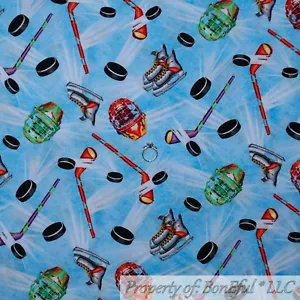 BonEful FABRIC FQ Cotton Quilt Blue Ice Hockey Puck Skates Helmet Stick Boy SALE - Picture 1 of 14