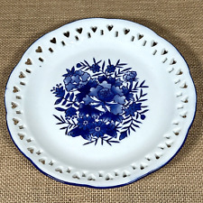 VTG Blue and White Plate 9.25" Floral Reticulated Edge Cut Out Hearts Porcelain