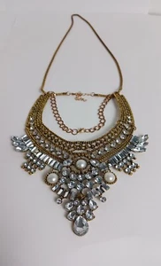 Gorgeous Brass Tone Statement Necklace Faux Pearl And Cubic Zirconia Chocker - Picture 1 of 11