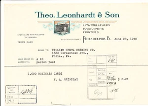 Factura de cabeza de factura 1940 - Theo Leonhardt & Son - Impresoras - Gretz Brewing Co - Imagen 1 de 1