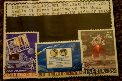 LIBERIA, Cat#499-501, Cpl. Set (3), "APOLLO 11 - Frist Lunar Land", Cancelar, 1969 Foto 1 de 3
