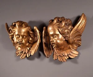 Paar 12 Zoll Vintage Wandmontierte französische vergoldete Gips Engel mit Flügeln - Bild 1 von 14
