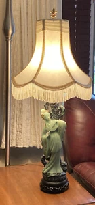 Vintage PAiR of Leviton Porcelain Table Lamps 36.5” Asian Figurine Ivory Shade - Picture 1 of 19