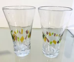 2 Hand Blown Art Glass Tumblers Applied Glass Tiles Yellow Green Purple 6.25” T - Picture 1 of 9