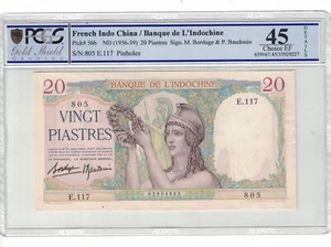 FRENCH INDOCHINA 20 PIASTRES 1936-39 Pick# 56b PCGS: 45 XF. #PL2017 - Picture 1 of 2