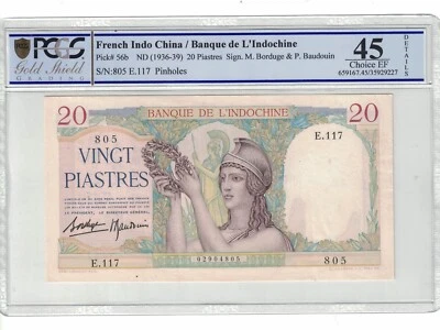 FRENCH INDOCHINA 20 PIASTRES 1936-39 Pick# 56b PCGS: 45 XF. #PL2017 - Image 1 of 2
