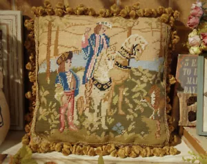 14" Renaissance Antique Handmade Needlepoint Pillow Tapestry Nobles Horses - Picture 1 of 6