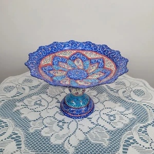 Traditional Persian Minakari Pedestal Plate Catchall Trinket Dish Blue Statement - Picture 1 of 20