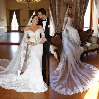 Boho Brautkleid Hochzeitskleid Langarm Spitze Aufkleber Column Weiß Ivory 38 40 - Bild 1 von 4