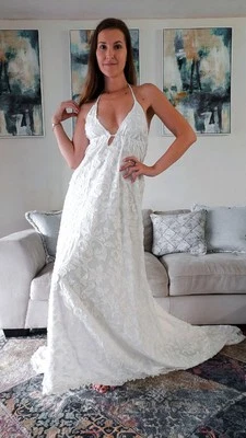 Venta de muestra Vestido de novia bohemio halter algodón vestido de novia línea A boda M Foto 1 de 4