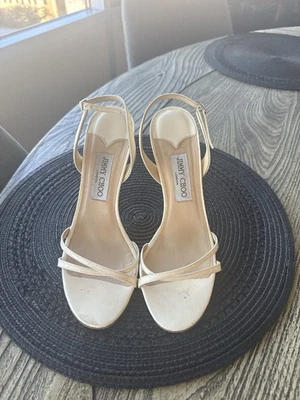 Jimmy Choo Cream White Patent Leather Strappy Sandals Size 9 1/2 3 Heel - Image 1 of 4