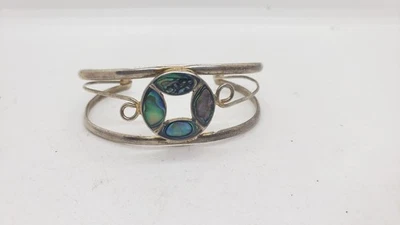 Vintage Cuff Bracelet Sterling Silver Abalone Shell Inlay Open Bangle Mexico - Image 1 of 4