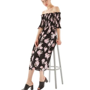 Abito midi Topshop nero/rosa floreale smock top 4 - Foto 1 di 10