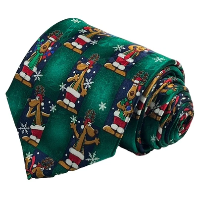 Yule Tie Greetings Silk Hand Made Men's Necktie Holiday Party Festive Reindeer - Image 1 of 4
