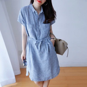 Damen Gestreiftes Leinen Kurzarm Kleid Vorne Knopf Bindeband Taille Tunika Locker - Bild 1 von 8