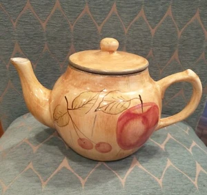 Teapot & Lid LOS ANGELES POTTERY by Laurie Gates Cherries Apple VINTAGE *Chip - Picture 1 of 8