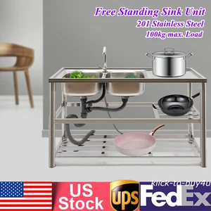 Stainless Steel Commercial Sink Utility Sink 2 Compartment Kitchen w/Prep Table - Picture 1 of 17