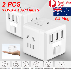 2PCS Cube Power Board Strip Adapter 3 USB+4 Socket 7in1 Wall Charger W/Surge AU