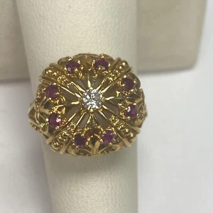 Vintage 18kYellow Gold FRANKLIN MINT Ruby& Diamond Crown Ring! Size  7.25 Unique - Picture 1 of 15