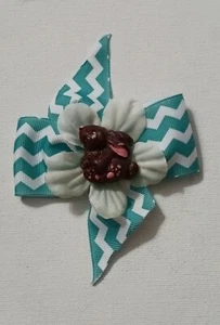Hair Bow Easter Bunny Blue Chevron Stripe Grosgrain Ribbon/ Ribbon Covered Clip - Picture 1 of 3