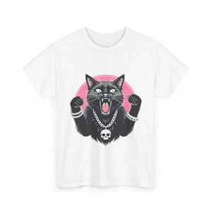 Metal Cat T-Shirt – Black Cat, Skull Chain, Punk Rock, Heavy Metal Fan Design - Picture 1 of 20