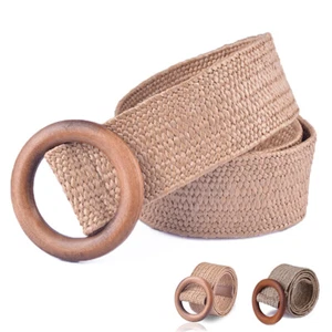 Round Wooden Buckle Elastic Straw Belt Women Casual Braided Wide Woven Waistband - Picture 1 of 14